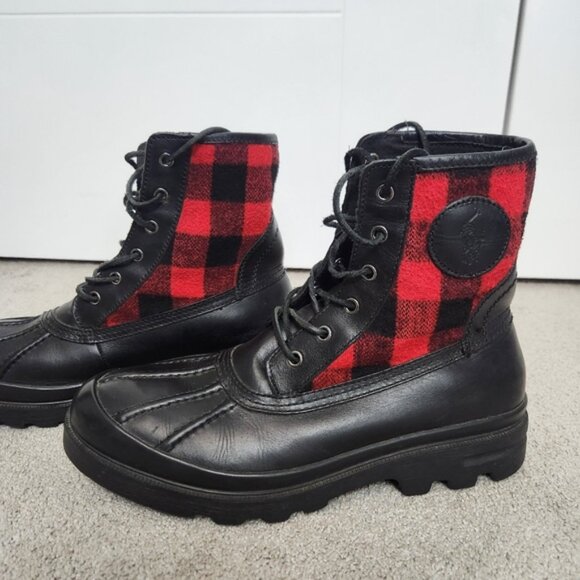 Polo Ralph Lauren Udel Men's Duck Boots Black Red Plaid Size 10.5 - Picture 3 of 12
